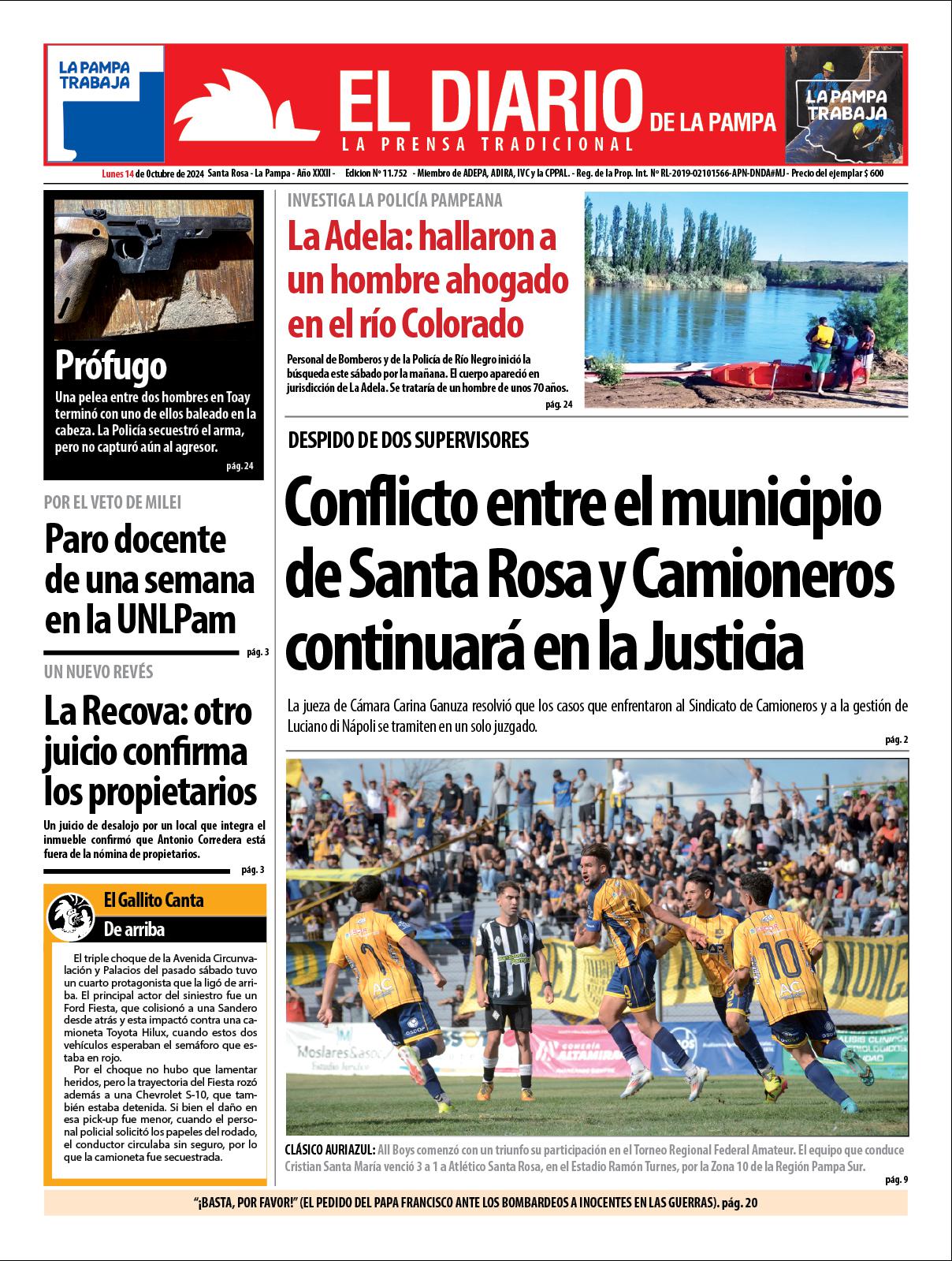 Tapa de El Diario en papel  lunes 14 de octubre de 2024